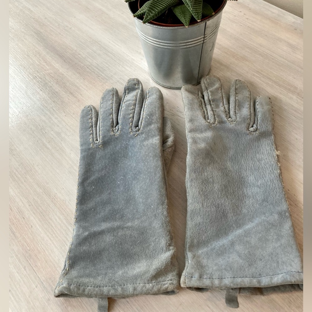 Danier Blue Suede Gloves with Beige Stitching.